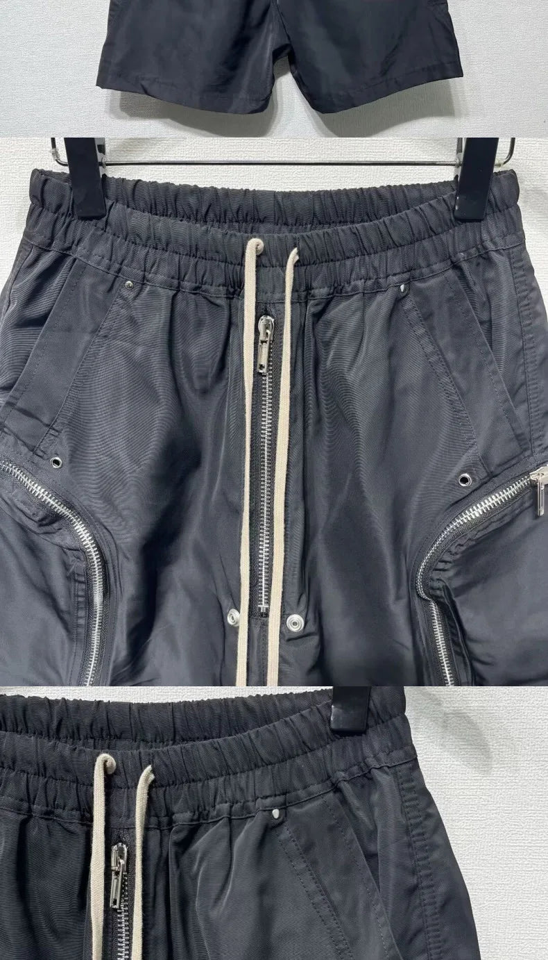 Men's Techwear Cargo Shorts Multi-Zipper Pocket Elastic Waist Drawstring Streetwear Casual Shorts