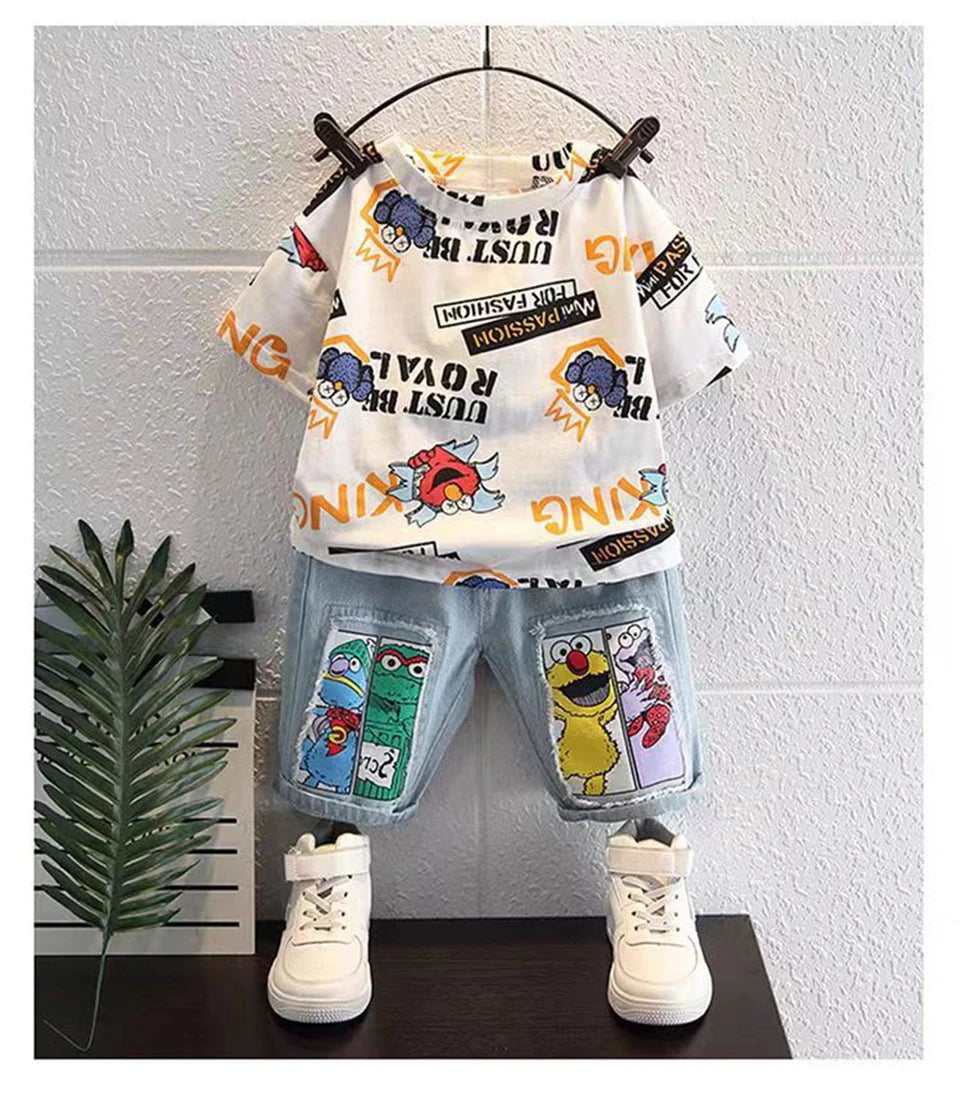 2026 New Kids Clothing Set Cartoon Print Short Sleeve T-Shirt & Denim Shorts 2Pcs/Sets Casual Summer Boys Children Clothes 3-12Y