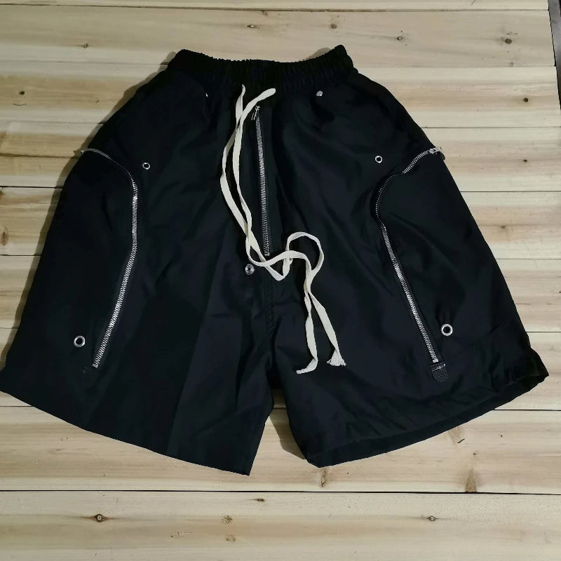Men's Techwear Cargo Shorts Multi-Zipper Pocket Elastic Waist Drawstring Streetwear Casual Shorts