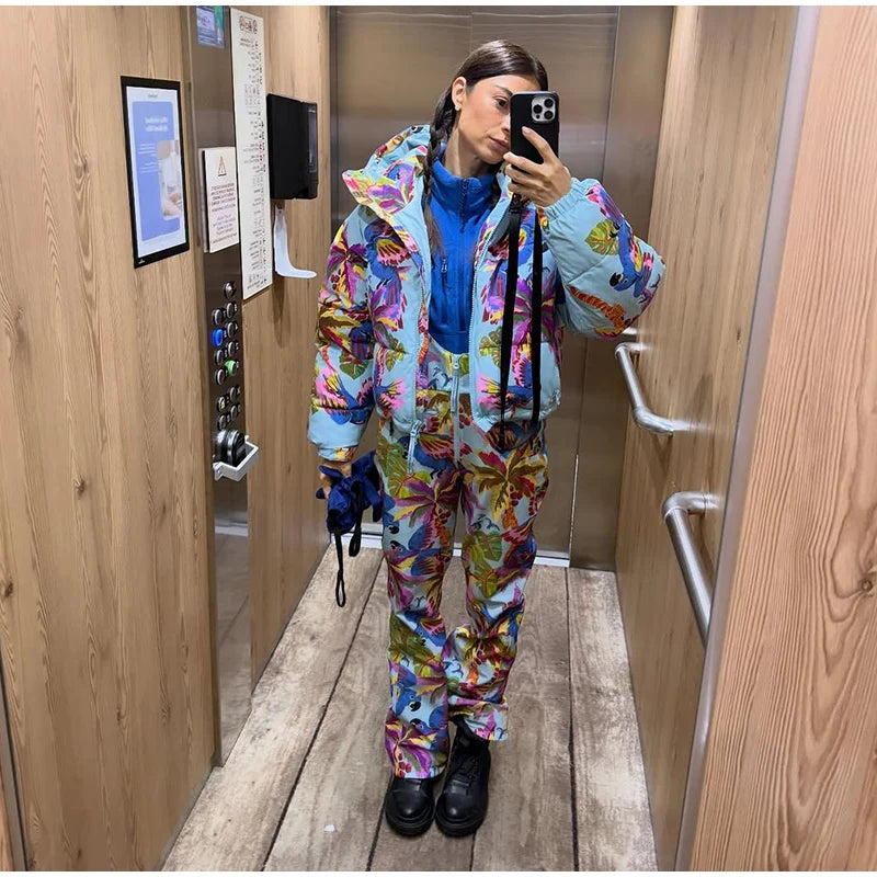 Women's Printed Hooded Ski Jackets Jumpsuit Sets Long Sleeve Zipper Short Coats Straight Leg Overalls 2026 Winter Lady Ski Suits