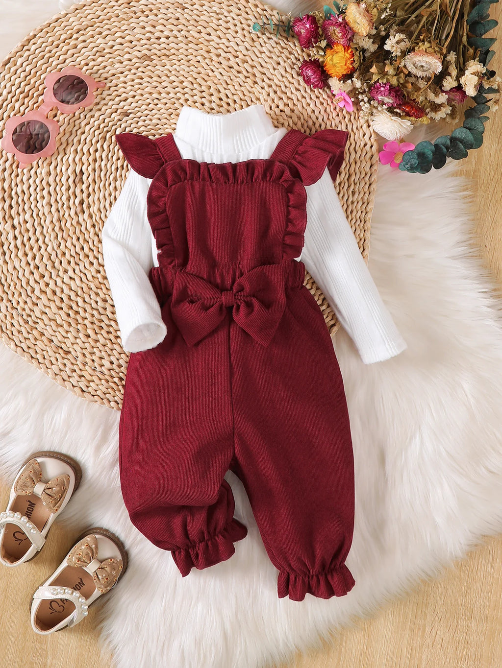 Baby Girl Christmas 2Pcs Outfit Set Sweet Top Ruffle Bow Suspender Jumpsuit Pants Autumn Winter Baby Clothing for 0‑18 Months