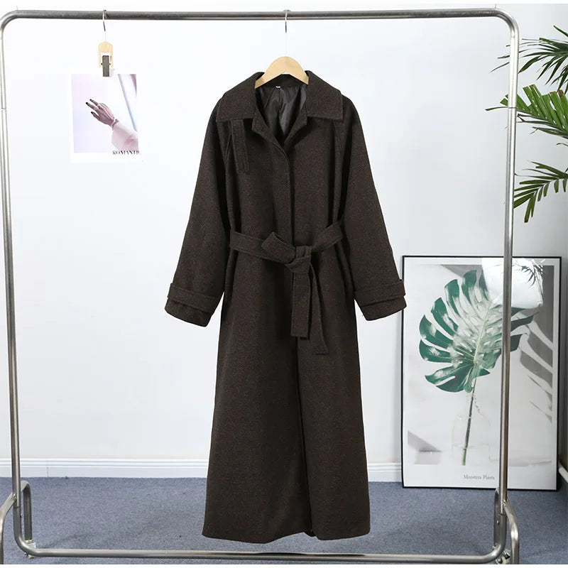 Chic Women's Woolen Overcoat Autumn Winter Solid Lapel Double Breasted Long Sleeve Long Coat 2026 Elegant Lady Street Outwear
