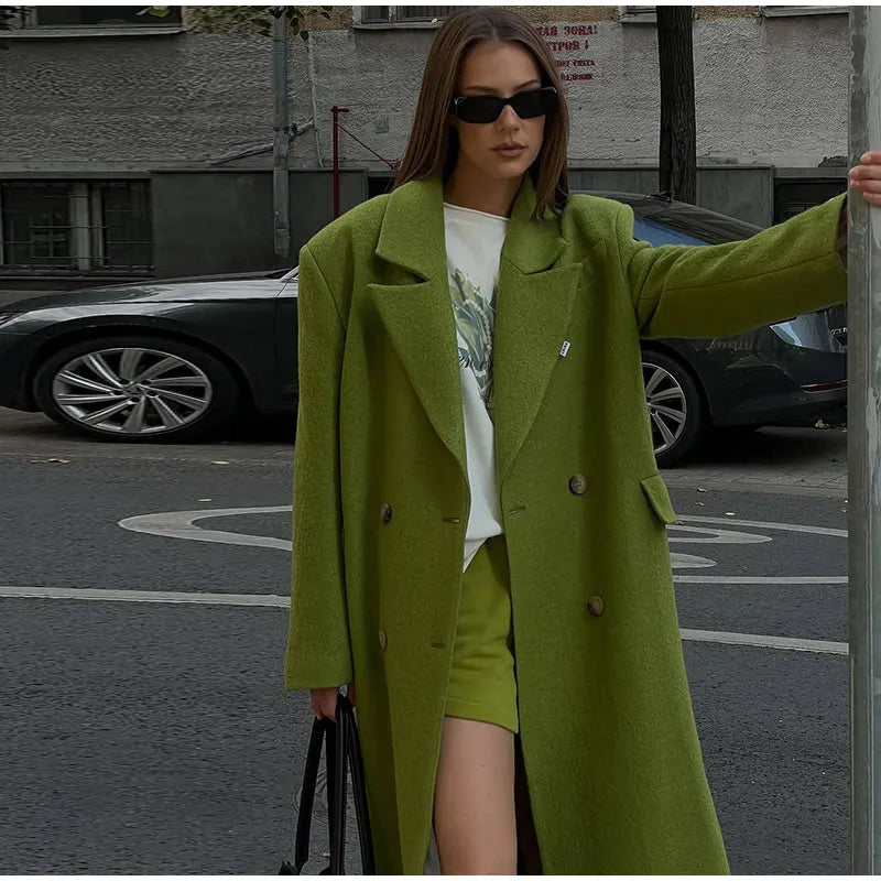 Women's Long Overcoats Lapel Full Sleeve Oversized Woolen Coats Autumn Female Double Breasted Solid Loose Jackets New Outerwears