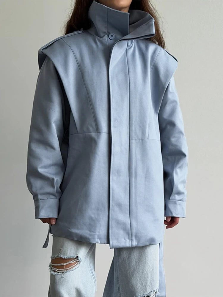 Solid Stand Collar Padded Coat Waist Tie Belt Long Cape Sleeve Button Zipper Loose Women Coats 2026 Autumn Commute Chic Outfit