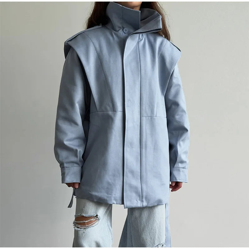 Solid Stand Collar Padded Coat Waist Tie Belt Long Cape Sleeve Button Zipper Loose Women Coats 2026 Autumn Commute Chic Outfit