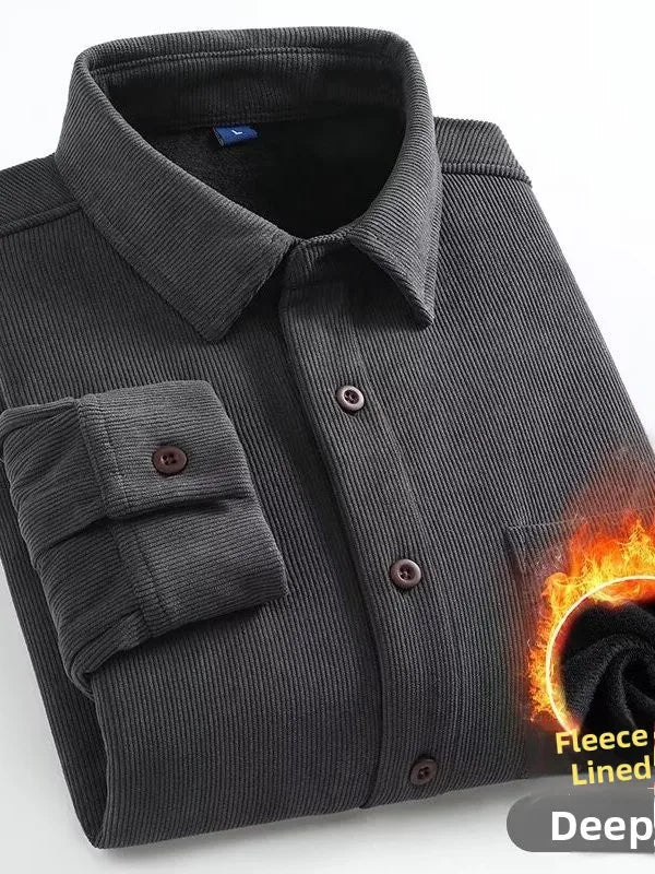 Men's Fleece Lined Long Sleeve Shirt Thick Warm Casual Corduroy Outerwear Trendy Pure Color Breathable Youthful Style Standar...