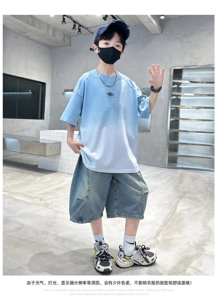 Gradient Color Kid's Fashion Summer Clothing T-shirt Tweens Child Short Sleeve Cotton Tshirt Outfit School Boy Casual Tee Tops