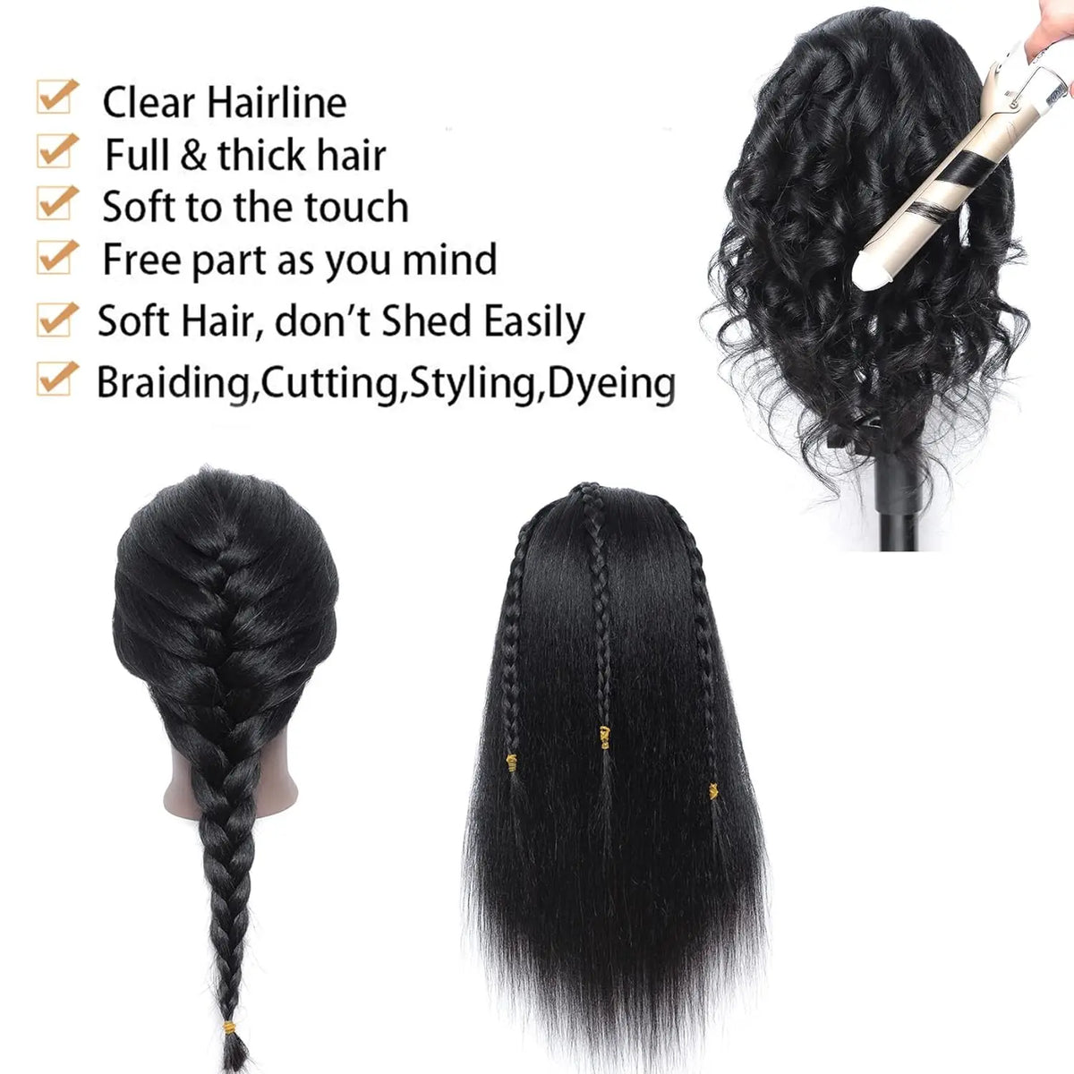 16"Human Hair Mannequin Head  for Braiding,Cosmetology Training Doll Head for Styling Practice With Stand