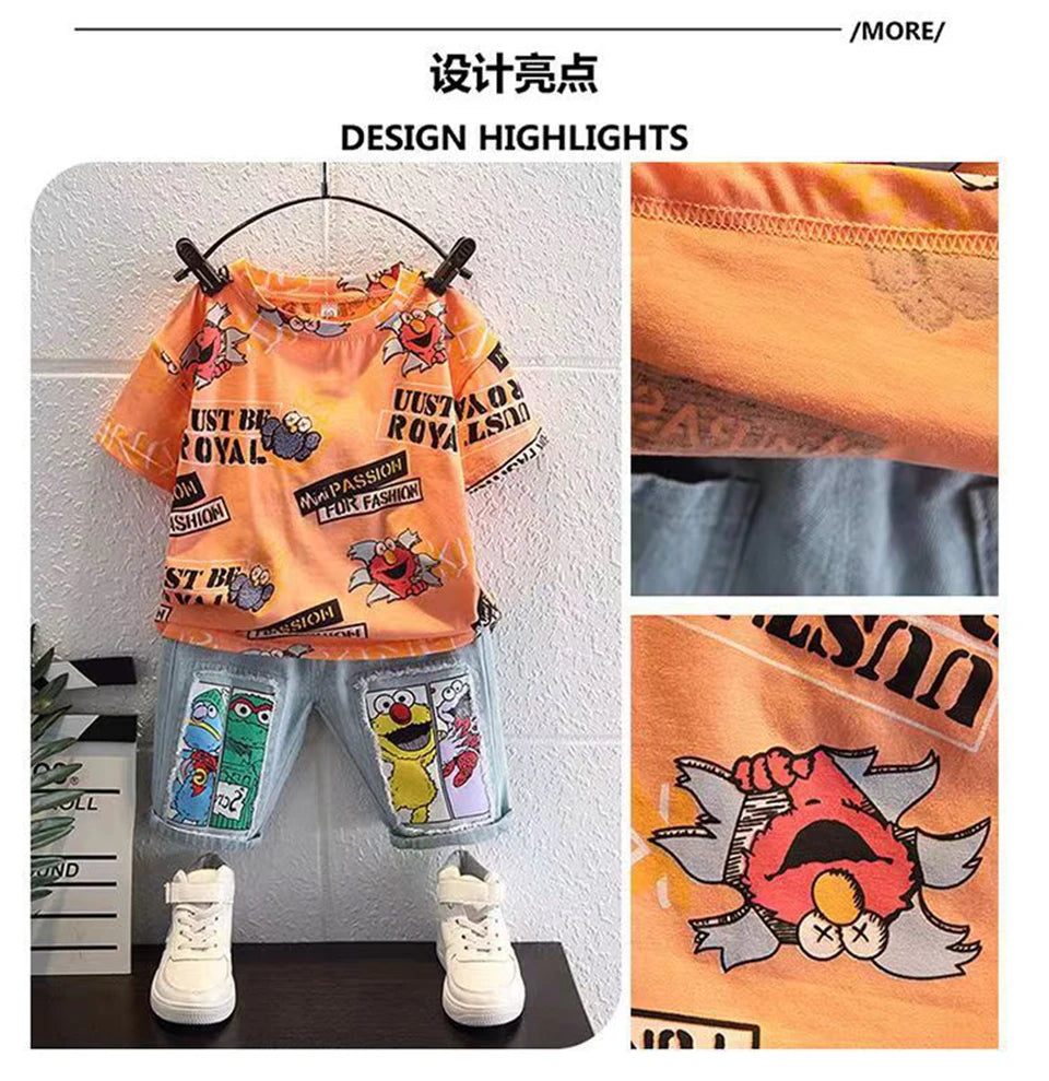 2026 New Kids Clothing Set Cartoon Print Short Sleeve T-Shirt & Denim Shorts 2Pcs/Sets Casual Summer Boys Children Clothes 3-12Y