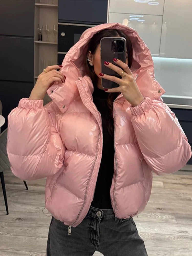 Chic Glossy Zipper Hooded Coat Women's Warm Elastic Waist Pleated Cropped Puffer Jacket 2026 Winter New Lady High Street Outwear