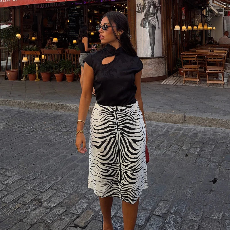 Chic Women Black White Zebra Print Midi Pencil Skirt High Waist Front Split Straight Chic Streetwear 2026 Autumn Summer Bottoms