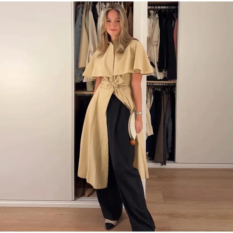 Women's Trench Style Midi Dress Stand Collar Cape Overlay Short Sleeve Belted Waist A‑Line Dresses Autumn Elegant Office Outfits