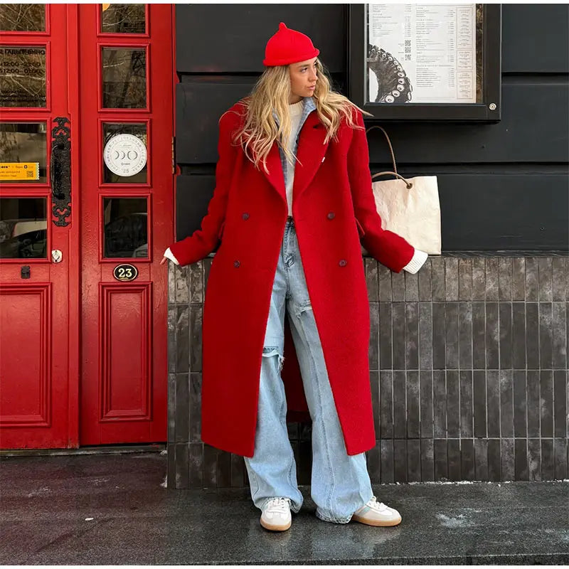 Women's Long Overcoats Lapel Full Sleeve Oversized Woolen Coats Autumn Female Double Breasted Solid Loose Jackets New Outerwears