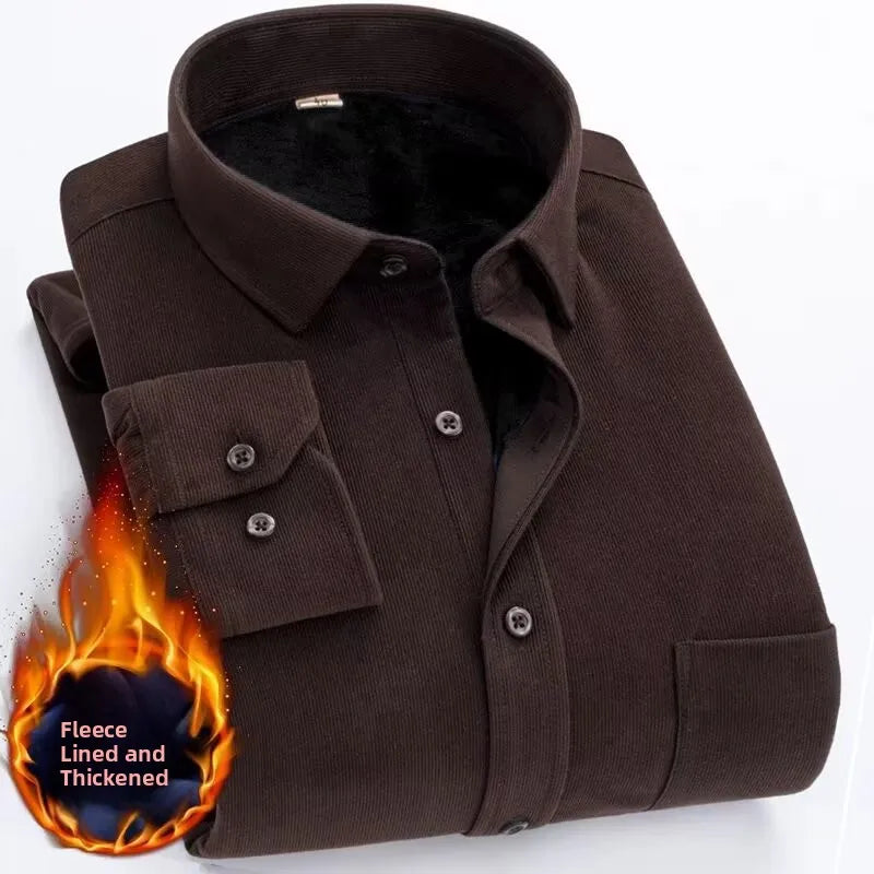Men's Fleece Lined Long Sleeve Shirt Thick Warm Casual Corduroy Outerwear Trendy Pure Color Breathable Youthful Style Standar...