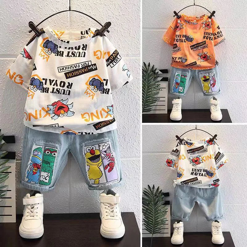 2026 New Kids Clothing Set Cartoon Print Short Sleeve T-Shirt & Denim Shorts 2Pcs/Sets Casual Summer Boys Children Clothes 3-12Y