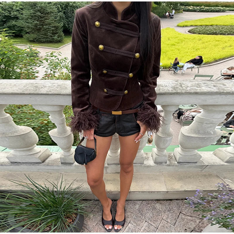 Vintage Women's Feather Patchwork Suede Short Jacket  Stand Collar Long Sleeve Double Breasted Coat 2026 Autumn Lady Jackets