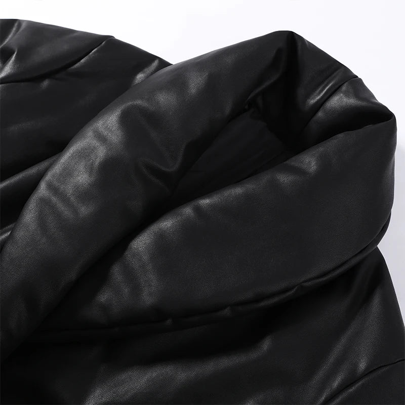 Solid Leather Turn Down Collar Cotton Coat 2026 Winter Ladies Warm Pockets Cropped Padded Jackets Women's High Street Outwear