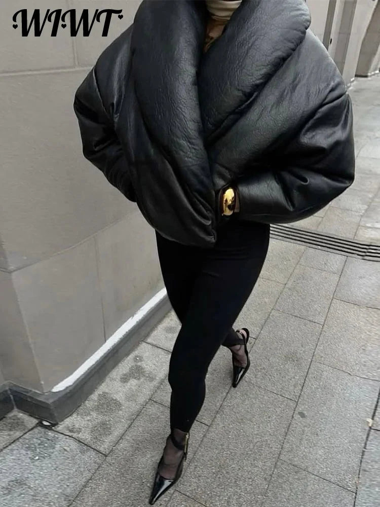 Solid Leather Turn Down Collar Cotton Coat 2026 Winter Ladies Warm Pockets Cropped Padded Jackets Women's High Street Outwear