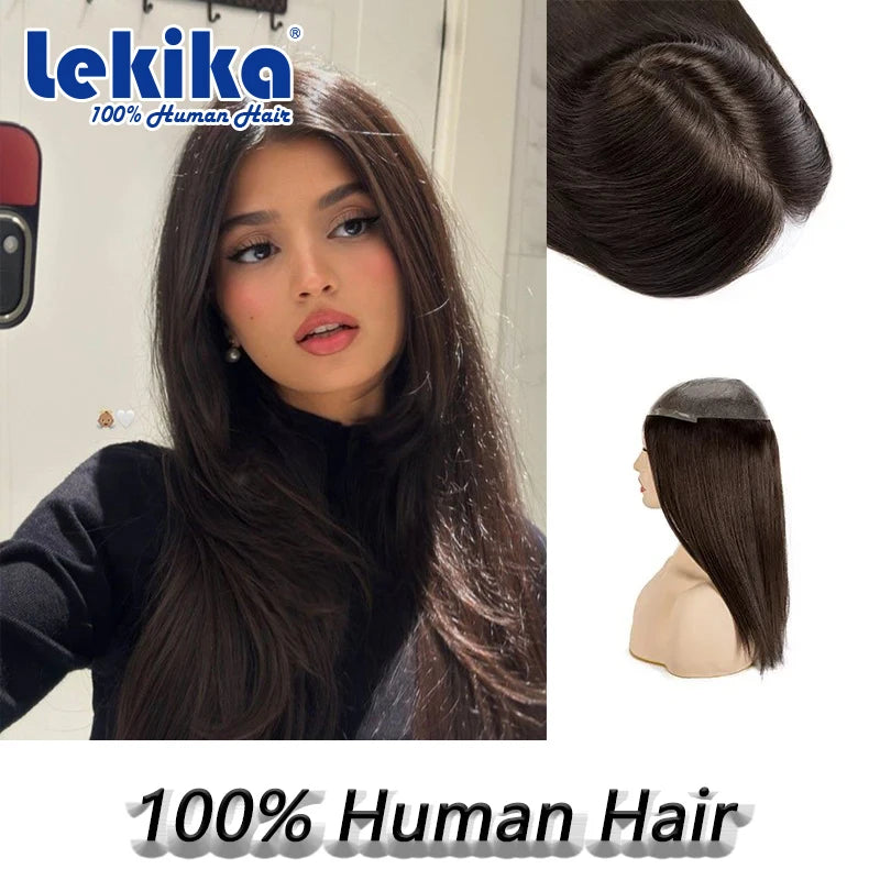 Women's Hairpiece Toupee PU  Human Hair Replacement System for Women 16inches Long Hair Natural Women's Capillary Prosthesis