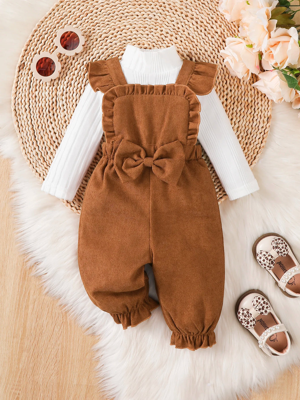 Baby Girl Christmas 2Pcs Outfit Set Sweet Top Ruffle Bow Suspender Jumpsuit Pants Autumn Winter Baby Clothing for 0‑18 Months