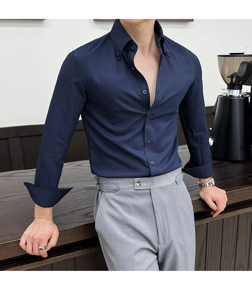 High-quality autumn men's new long-sleeve dark striped slim-fit shirt business casual formal workwear M-4XL