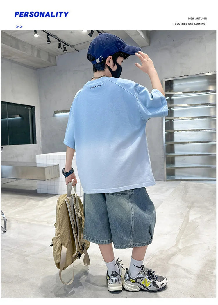 Gradient Color Kid's Fashion Summer Clothing T-shirt Tweens Child Short Sleeve Cotton Tshirt Outfit School Boy Casual Tee Tops