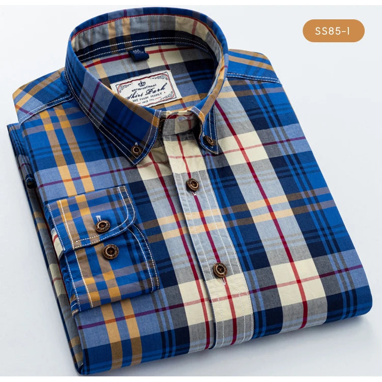 Men's 100% Cotton Plaid Long Sleeve Casual Shirt, Spring Autumn Lightweight & Breathable Slightly Slim Fit Button Down Shirts