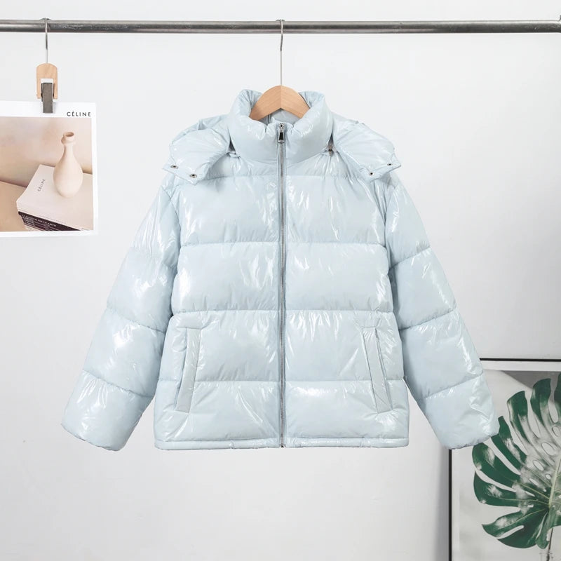 High Street Women's Glossy Zipper Hooded Coats Warm Elastic Waist Pleated Short Cotton Female Jacket 2026 Winter New Lady Outfit