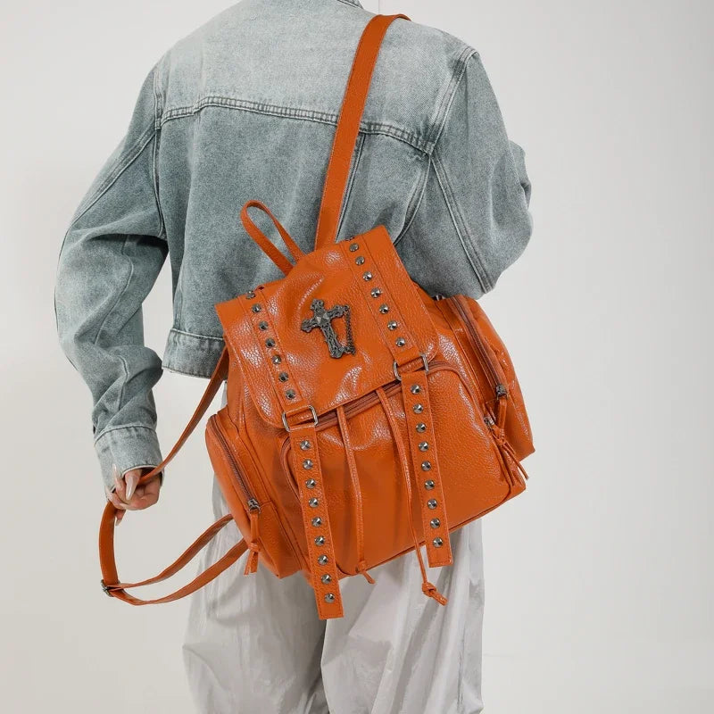 Rivet Y2K Backpack Women Gothic Punk PU Leather Shoulder Bag Ladies Vintage Harajuku Backpacks College Large Capacity School Bag