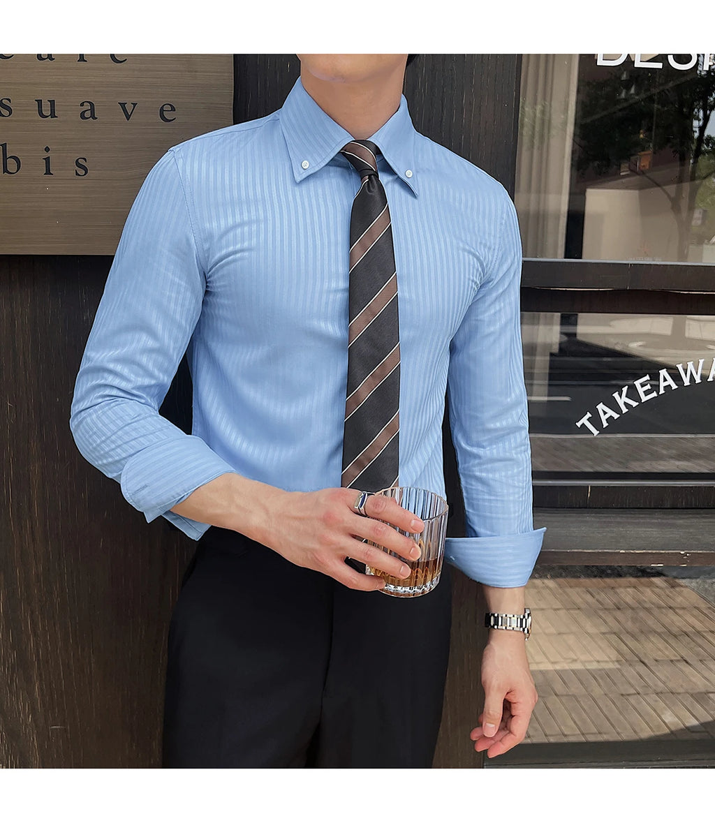 High-quality autumn men's new long-sleeve dark striped slim-fit shirt business casual formal workwear M-4XL