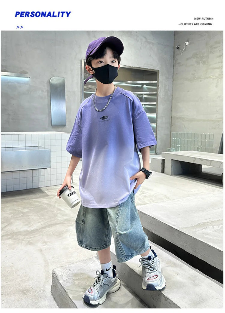 Gradient Color Kid's Fashion Summer Clothing T-shirt Tweens Child Short Sleeve Cotton Tshirt Outfit School Boy Casual Tee Tops