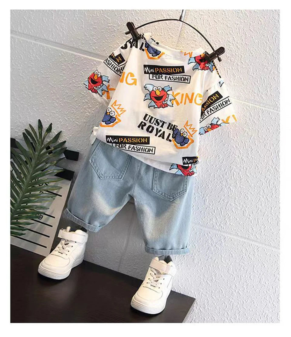 2026 New Kids Clothing Set Cartoon Print Short Sleeve T-Shirt & Denim Shorts 2Pcs/Sets Casual Summer Boys Children Clothes 3-12Y