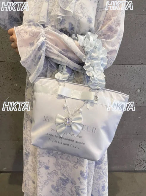 Japanese Style New Letter Satin Cute Bow Lolita Portable Tote Bag Women Commuting Versatile Pleated Sweet Single Shoulder Bag