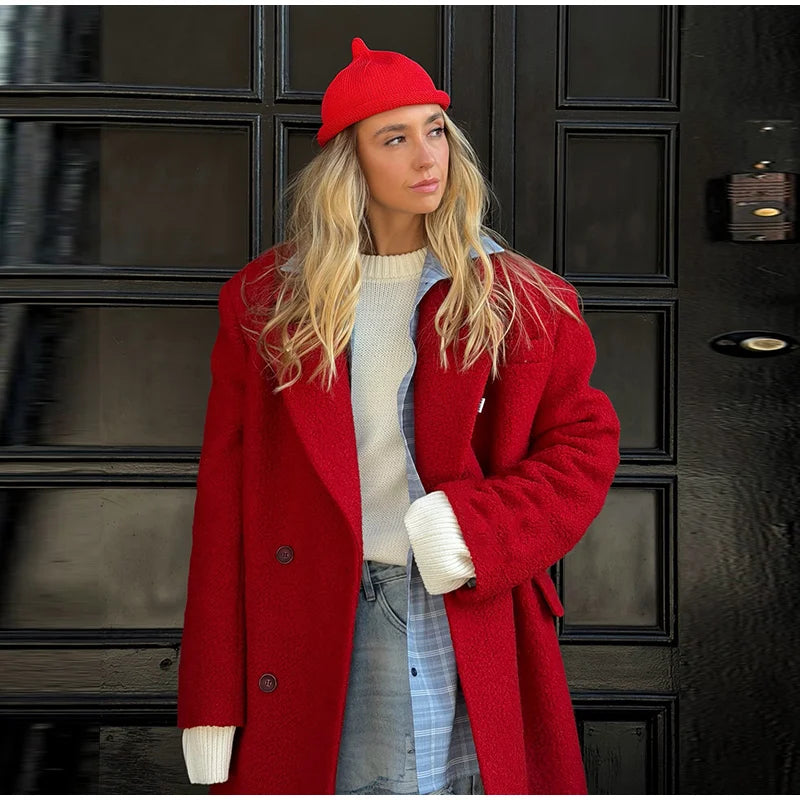 Women's Long Overcoats Lapel Full Sleeve Oversized Woolen Coats Autumn Female Double Breasted Solid Loose Jackets New Outerwears