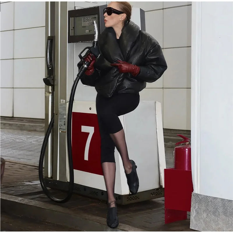 Solid Leather Turn Down Collar Cotton Coat 2026 Winter Ladies Warm Pockets Cropped Padded Jackets Women's High Street Outwear