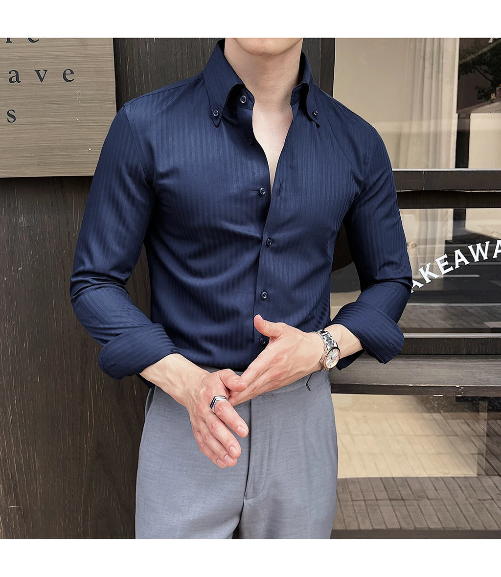 High-quality autumn men's new long-sleeve dark striped slim-fit shirt business casual formal workwear M-4XL