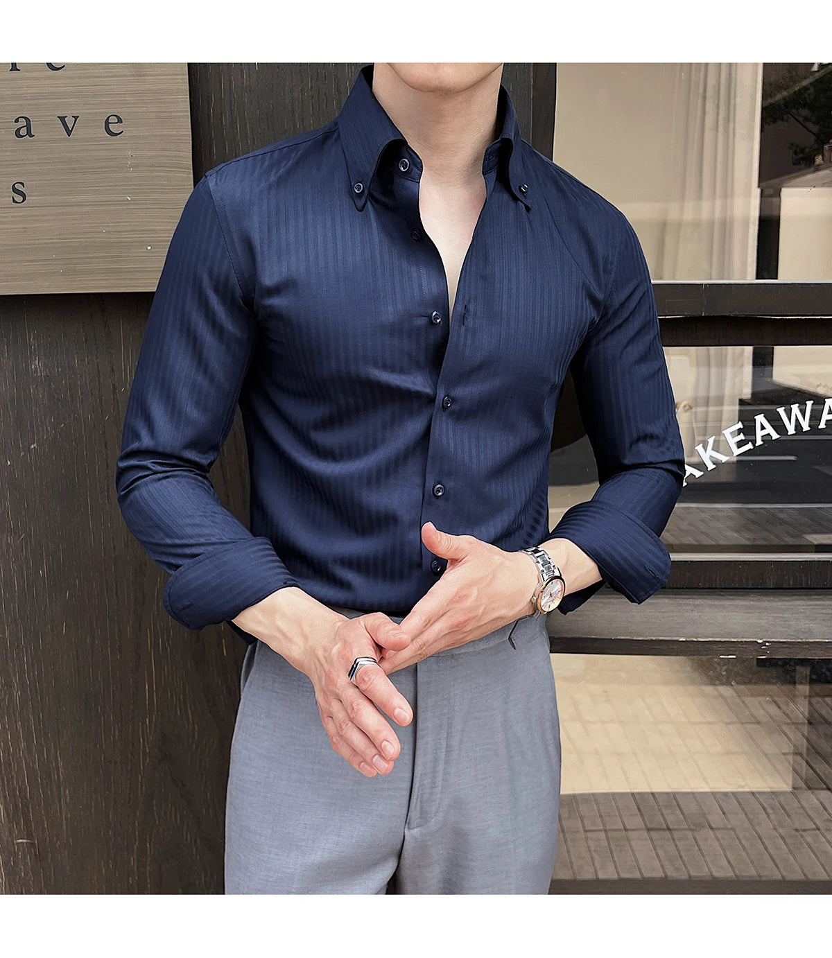 High-quality autumn men's new long-sleeve dark striped slim-fit shirt business casual formal workwear M-4XL