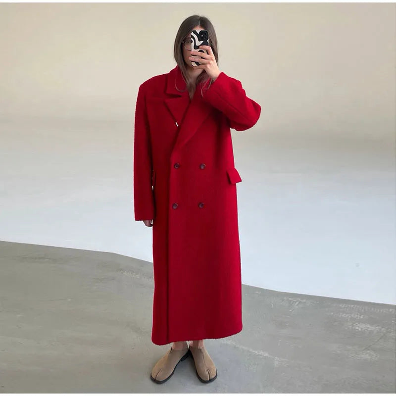 Women's Long Overcoats Lapel Full Sleeve Oversized Woolen Coats Autumn Female Double Breasted Solid Loose Jackets New Outerwears
