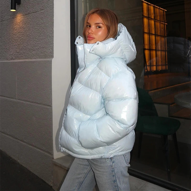 High Street Women's Glossy Zipper Hooded Coats Warm Elastic Waist Pleated Short Cotton Female Jacket 2026 Winter New Lady Outfit