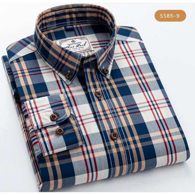 Men's 100% Cotton Plaid Long Sleeve Casual Shirt, Spring Autumn Lightweight & Breathable Slightly Slim Fit Button Down Shirts