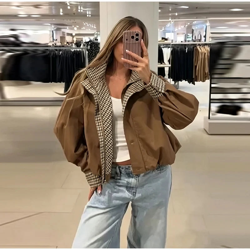 Elegant Plaid Patchwork Women's Jacket Loose Full Sleeve Stand Collar Single Breasted Outwear Female 2026 Fashion Autumn Outwear