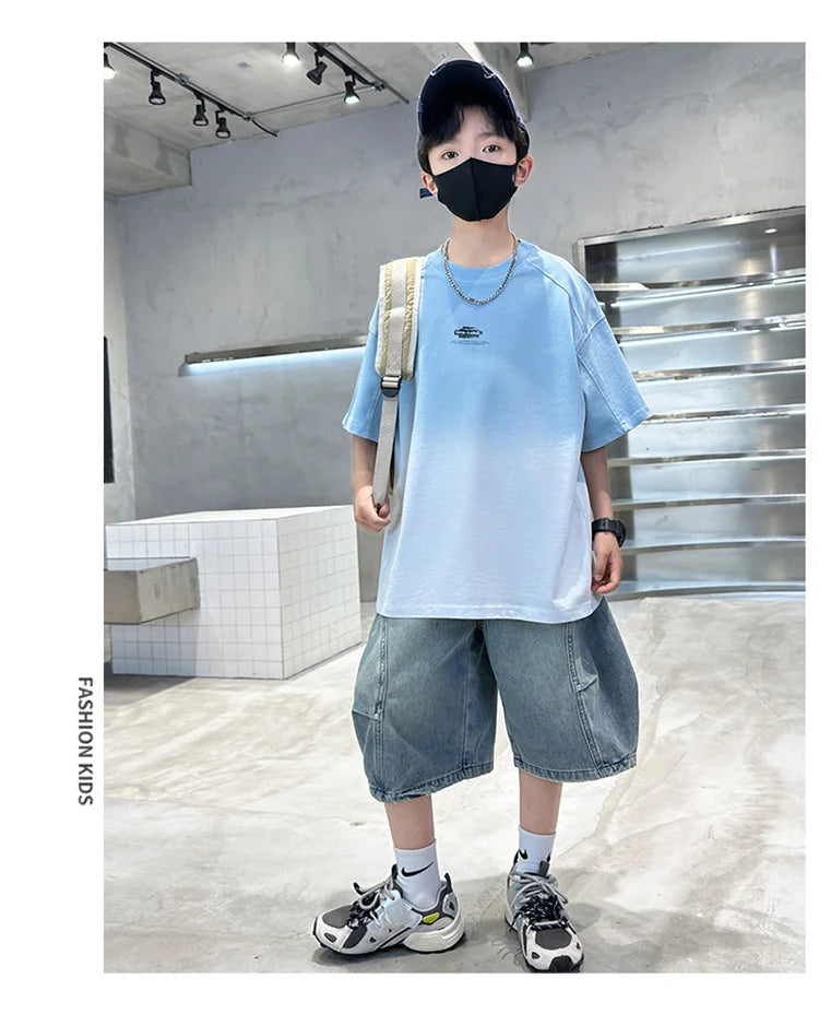 Gradient Color Kid's Fashion Summer Clothing T-shirt Tweens Child Short Sleeve Cotton Tshirt Outfit School Boy Casual Tee Tops