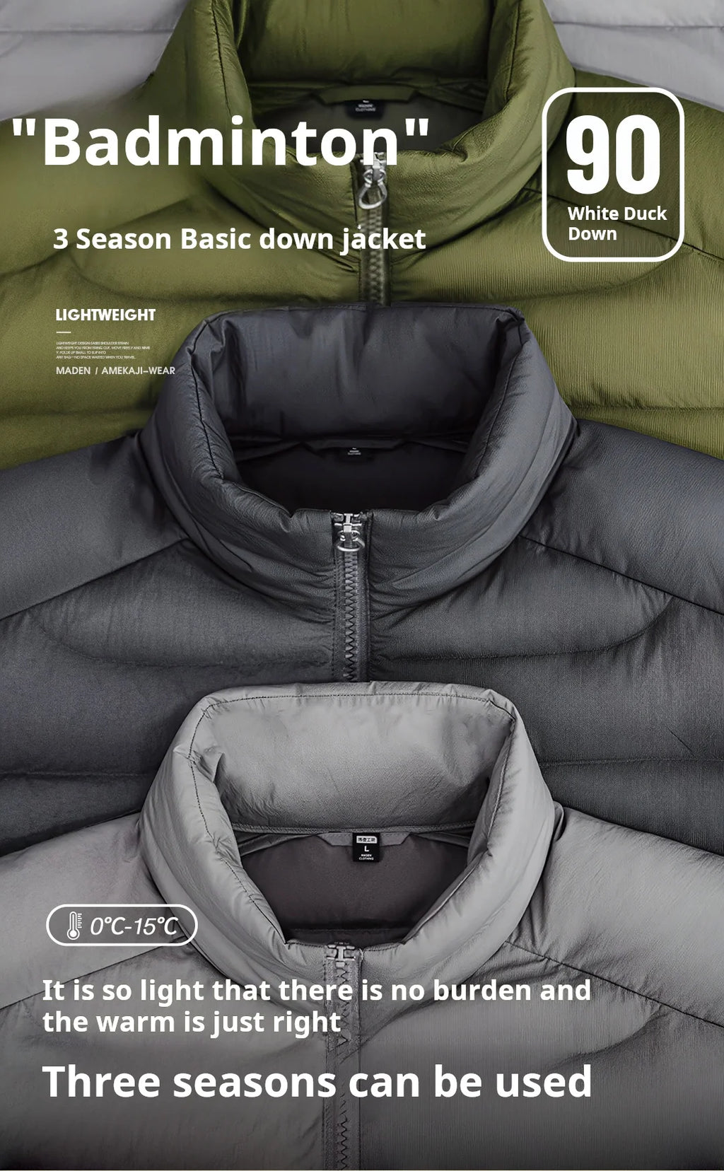 Maden Winter Men's Stand-up Collar Down Jacket Lightweight Hydrophobic White Duck Down Filling Coat Warm Inner Layer for Fall