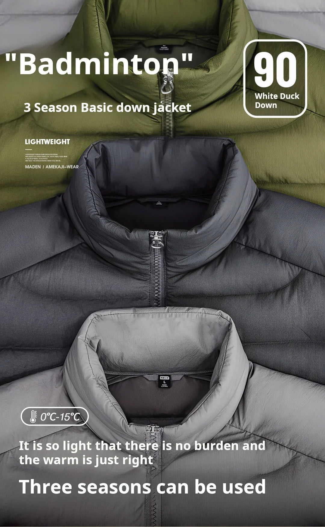 Maden Winter Men's Stand-up Collar Down Jacket Lightweight Hydrophobic White Duck Down Filling Coat Warm Inner Layer for Fall