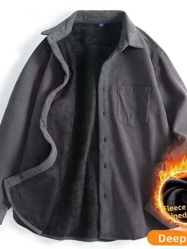 Men's Fleece Lined Long Sleeve Shirt Thick Warm Casual Corduroy Outerwear Trendy Pure Color Breathable Youthful Style Standar...