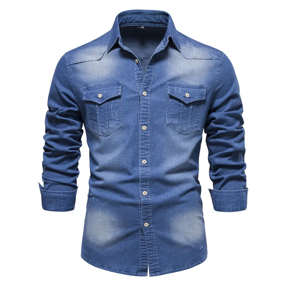 AIOPESON Elastic Cotton Denim Shirt Men Long Sleeve Quality Cowboy Shirts for Men Casual Slim Fit Jeans Men Shirts