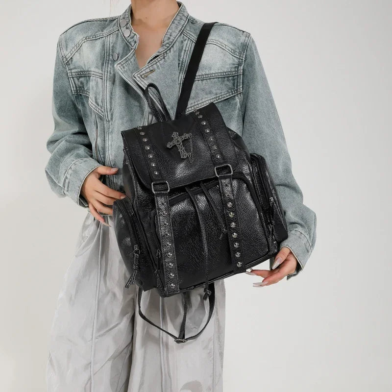 Rivet Y2K Backpack Women Gothic Punk PU Leather Shoulder Bag Ladies Vintage Harajuku Backpacks College Large Capacity School Bag