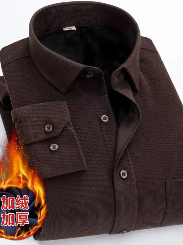Men's Fleece Lined Long Sleeve Shirt Thick Warm Casual Corduroy Outerwear Trendy Pure Color Breathable Youthful Style Standar...