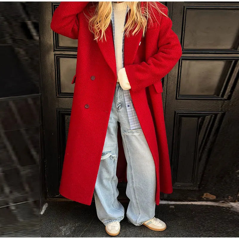 2026 Autumn Winter Solid Women's Woolen Overcoat Urban Long Sleeve Lapel Button Female Outwear Elegant Fashion Lady Overcoats