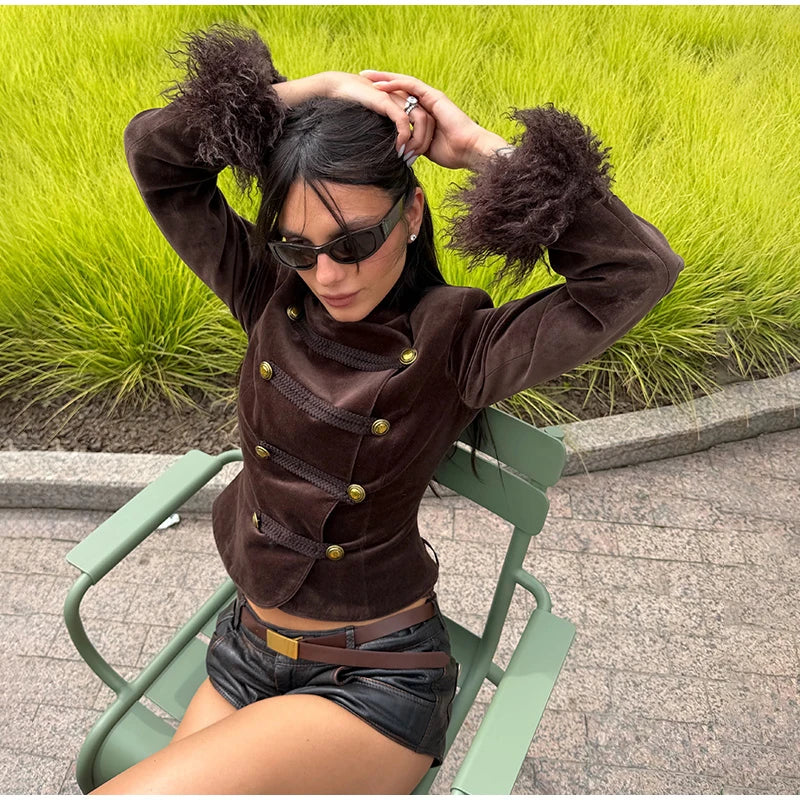Vintage Women's Feather Patchwork Suede Short Jacket  Stand Collar Long Sleeve Double Breasted Coat 2026 Autumn Lady Jackets